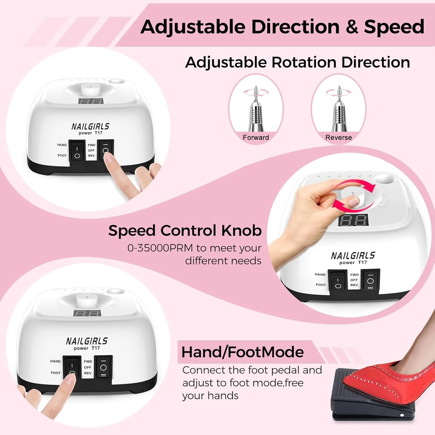 دستگاه سوهان برقی ناخن NAILGIRLS، ست سوهان برقی ناخن 11 در 1، سوهان برقی حرفه ای 35000 دور در دقیقه برای ناخن های اکریلیک، ناخن های ژلی، مانیکور، پدیکور، دستگاه پولیش برای استفاده در منزل و سالن با پدال پا، سفید