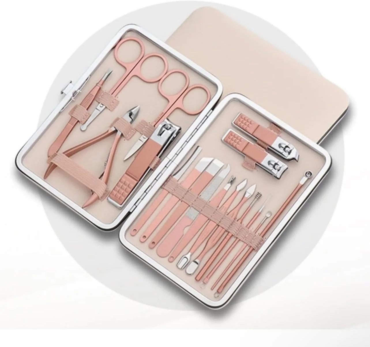 ست مانیکور NALACAL، ست ناخن گیر پدیکور - 18 تکه ست مانیکور استیل ضد زنگ، ست های پیرایش حرفه ای، ابزار مراقبت از ناخن با کیف مسافرتی لوکس صورتی