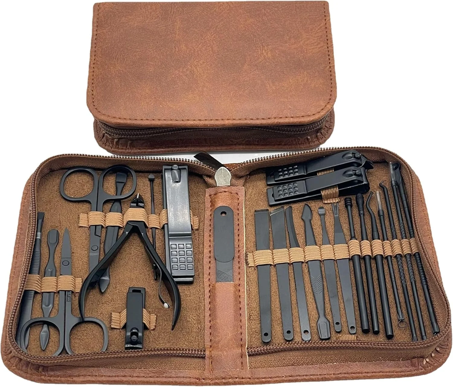 ست ناخن گیر حرفه ای X spring، ست 25 تکه مشکی استیل ضد زنگ، ست پدیکور و مانیکور با کیف چرمی مسافرتی قهوه ای، ابزار پدیکور ناخن گیر خانگی برای مردان و زنان