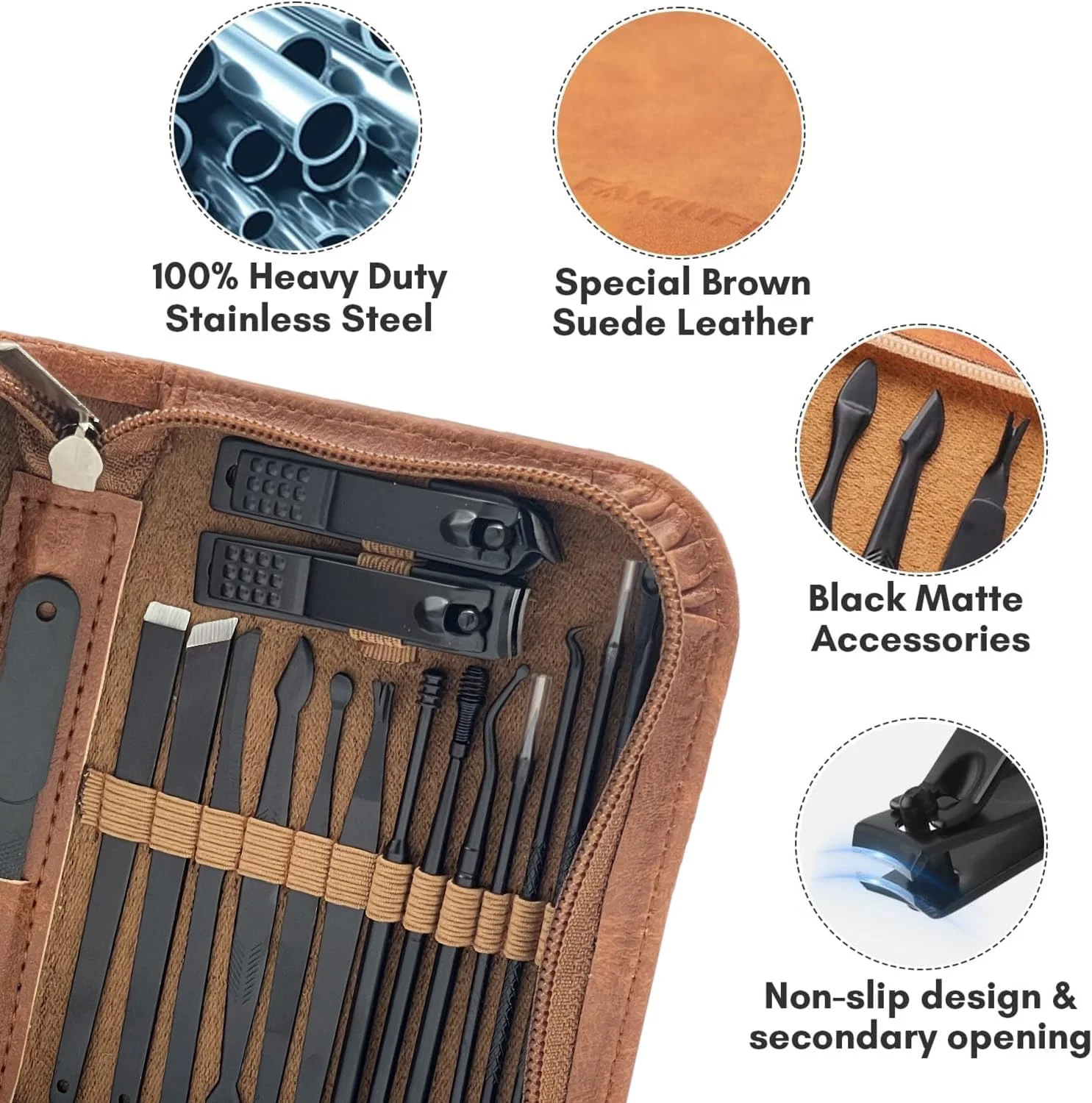 ست ناخن گیر حرفه ای X spring، ست 25 تکه مشکی استیل ضد زنگ، ست پدیکور و مانیکور با کیف چرمی مسافرتی قهوه ای، ابزار پدیکور ناخن گیر خانگی برای مردان و زنان