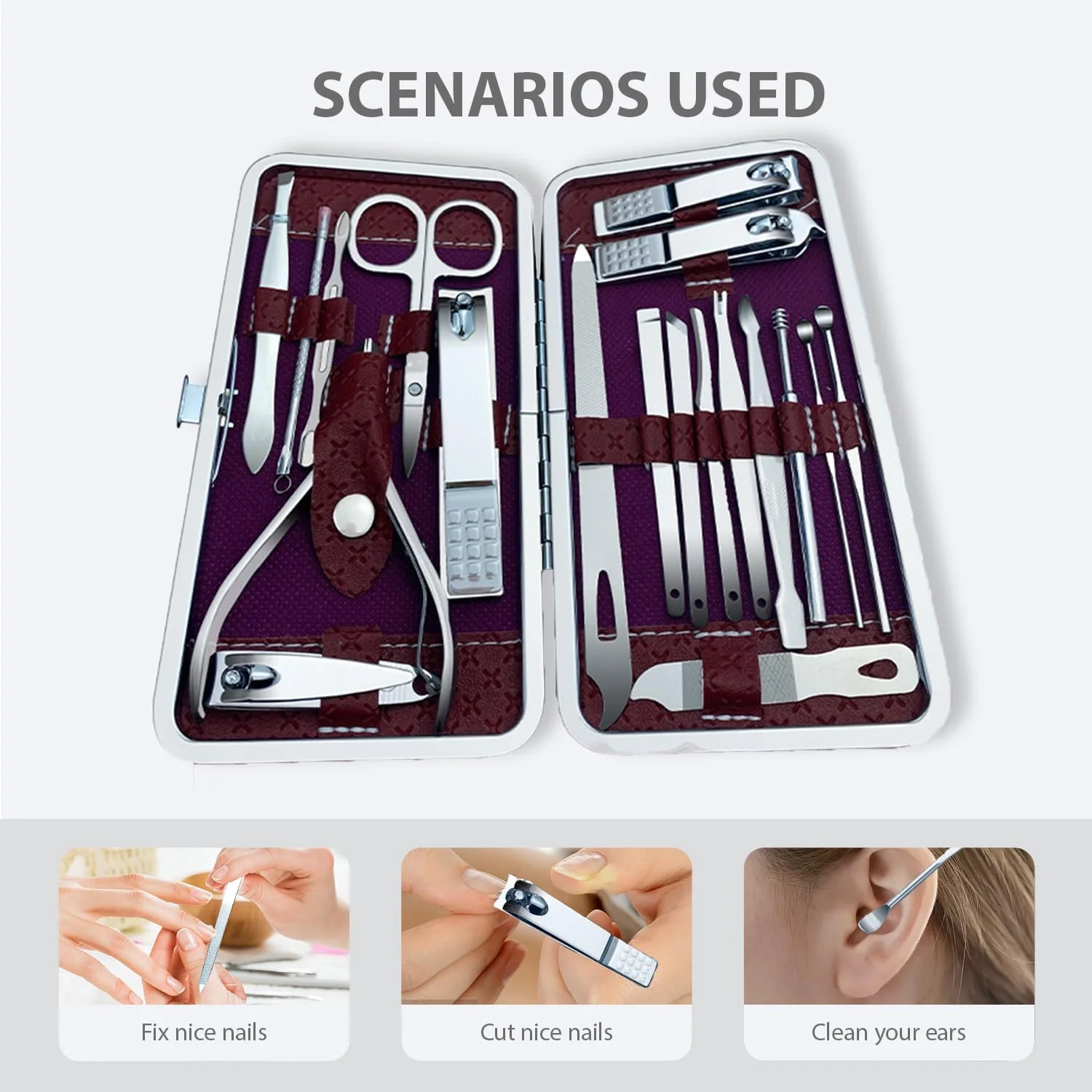 ست مانیکور استیل ضد زنگ قابل حمل - ست حرفه ای 19 تکه ناخن گیر و پدیکور