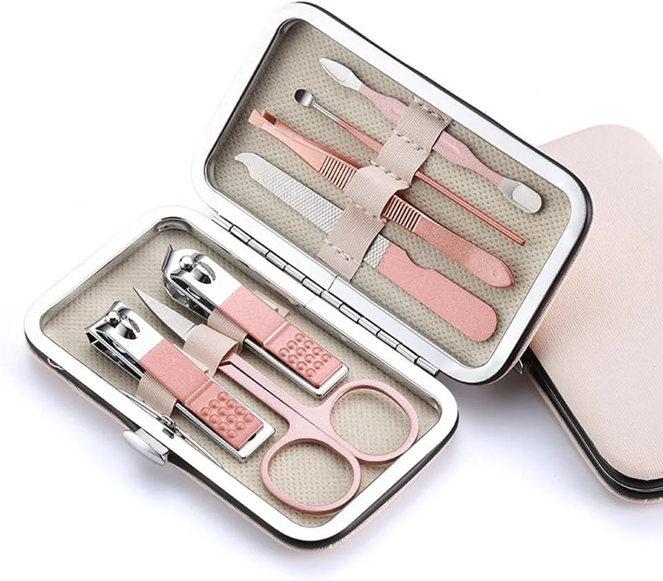 ست مانیکور حرفه ای 7 در 1 | ناخن گیر و قیچی استیل ضد زنگ و کیت پدیکور | کیت نظافت مانیکور قابل حمل و مناسب مسافرت | هدیه برای خانم ها