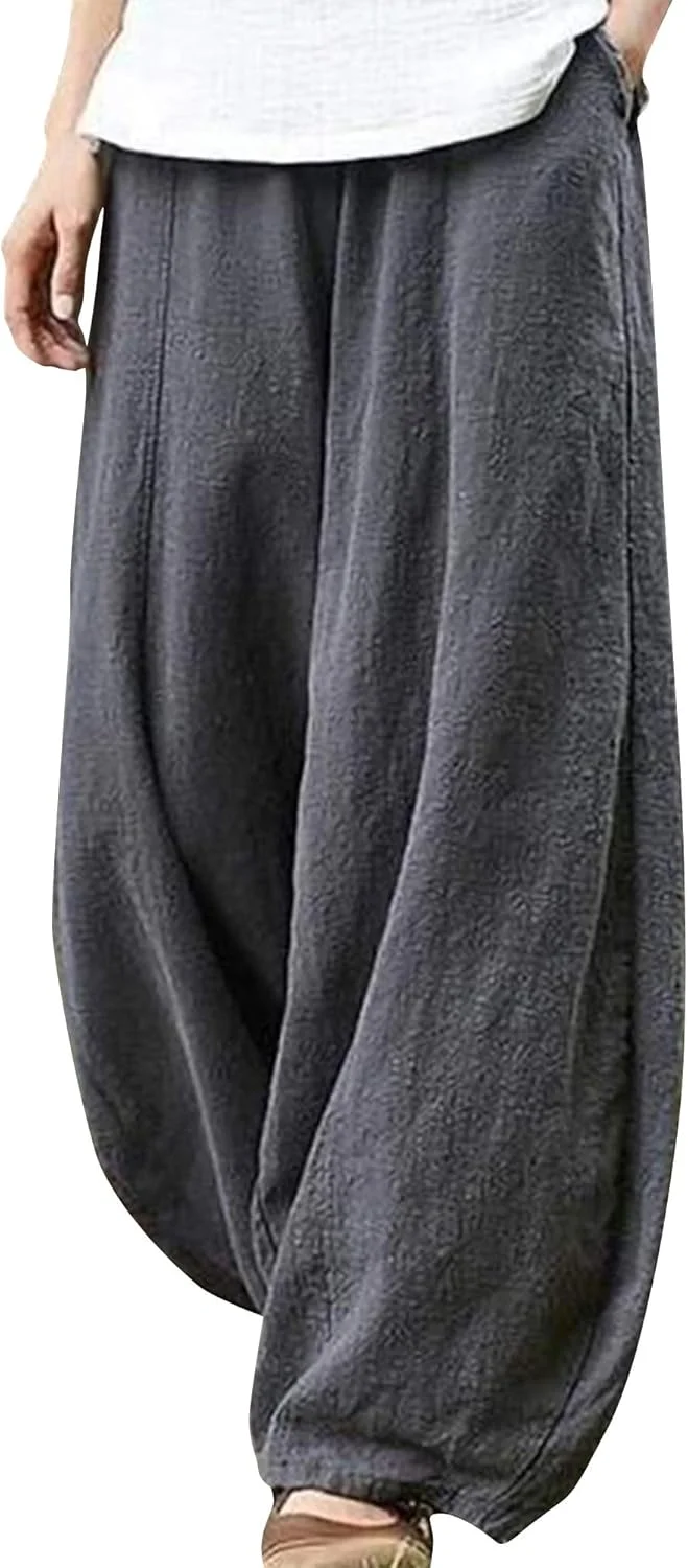 Abtel شلوار زنانه کتان و لینن غیر رسمی، شلوار بلند گشاد و آزاد به سبک هارم، سایز بزرگ، شلوار پاچه گشاد Abtel شلوار زنانه کتان و لینن غیر رسمی، شلوار بلند گشاد و آزاد به سبک هارم، سایز بزرگ، شلوار پاچه گشاد