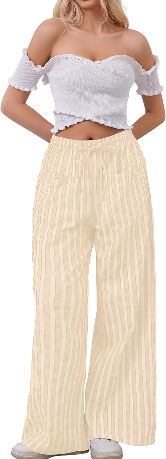 AIHUKOCY شلوار زنانه بند دار راه راه پاچه گشاد، شلوار راحتی گشاد و کم ارتفاع با جیب AIHUKOCY شلوار زنانه بند دار راه راه پاچه گشاد، شلوار راحتی گشاد و کم ارتفاع با جیب