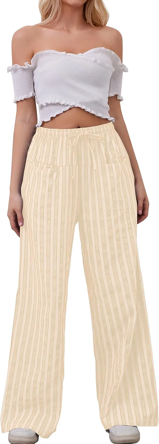 AIHUKOCY شلوار زنانه بند دار راه راه پاچه گشاد، شلوار راحتی گشاد و کم ارتفاع با جیب AIHUKOCY شلوار زنانه بند دار راه راه پاچه گشاد، شلوار راحتی گشاد و کم ارتفاع با جیب