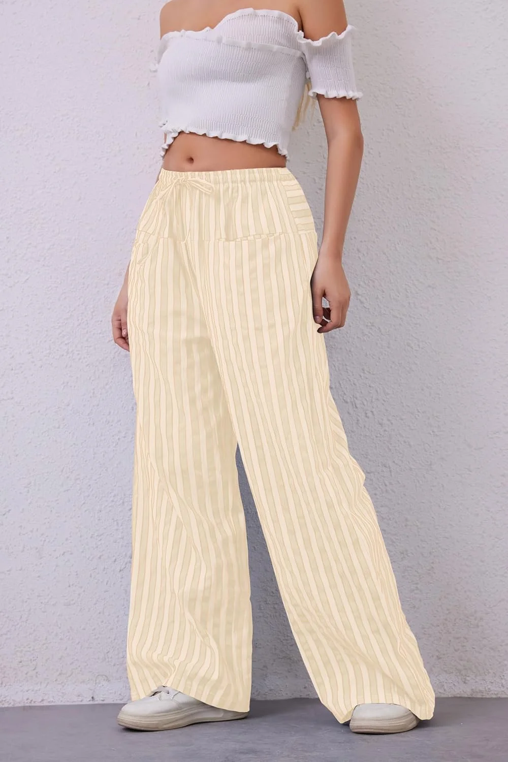 AIHUKOCY شلوار زنانه بند دار راه راه پاچه گشاد، شلوار راحتی گشاد و کم ارتفاع با جیب AIHUKOCY شلوار زنانه بند دار راه راه پاچه گشاد، شلوار راحتی گشاد و کم ارتفاع با جیب