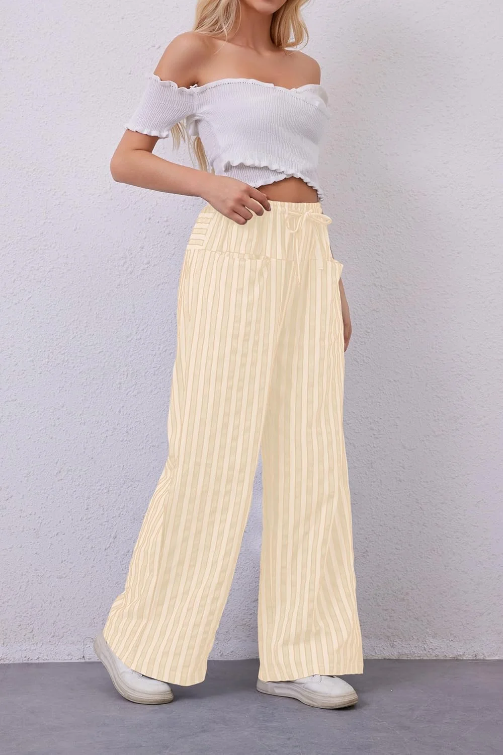 AIHUKOCY شلوار زنانه بند دار راه راه پاچه گشاد، شلوار راحتی گشاد و کم ارتفاع با جیب AIHUKOCY شلوار زنانه بند دار راه راه پاچه گشاد، شلوار راحتی گشاد و کم ارتفاع با جیب