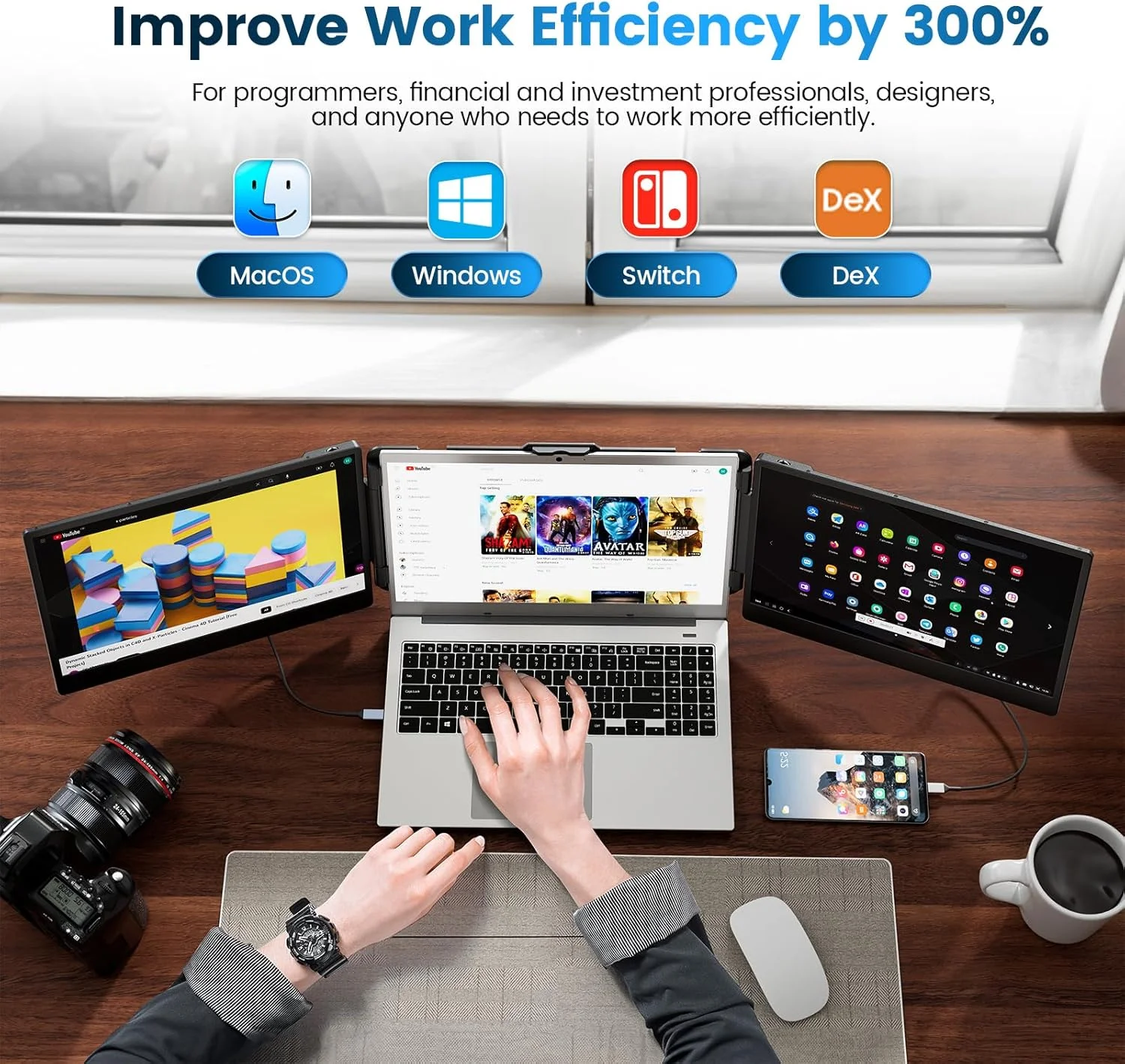 اکستندر صفحه نمایش لپ تاپ 14 اینچی domyfan، مانیتور سه گانه قابل حمل FHD 1080P IPS برای لپ تاپ، اتصال و پخش HDMI/USB-A/Type-C برای ویندوز، مک، اندروید، کروم، سوییچ و PS5، سازگار با لپ تاپ های 13.3 تا 17 اینچی اکستندر صفحه نمایش لپ تاپ 14 اینچی domyfan، مانیتور سه گانه قابل حمل FHD 1080P IPS برای لپ تاپ، اتصال و پخش HDMI/USB-A/Type-C برای ویندوز، مک، اندروید، کروم، سوییچ و PS5، سازگار با لپ تاپ های 13.3 تا 17 اینچی