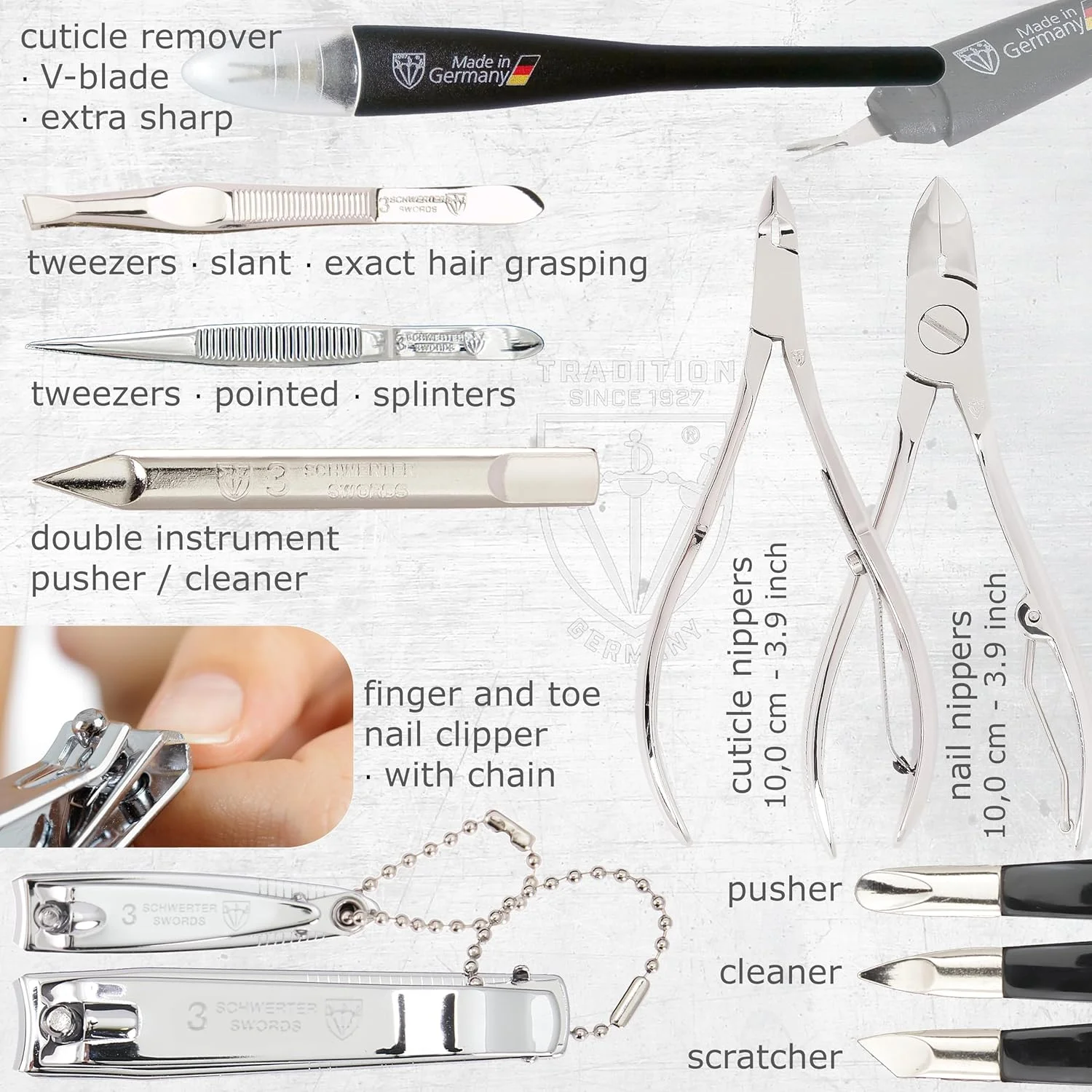 ست مانیکور و پدیکور 16 تکه با کیفیت عالی تری سورز آلمان، مناسب برای مراقبت حرفه ای از ناخن های دست و پا، شامل قیچی، ناخن گیر، کیف چرمی شیک در جعبه هدیه، ساخت سولینگن آلمان (01597)