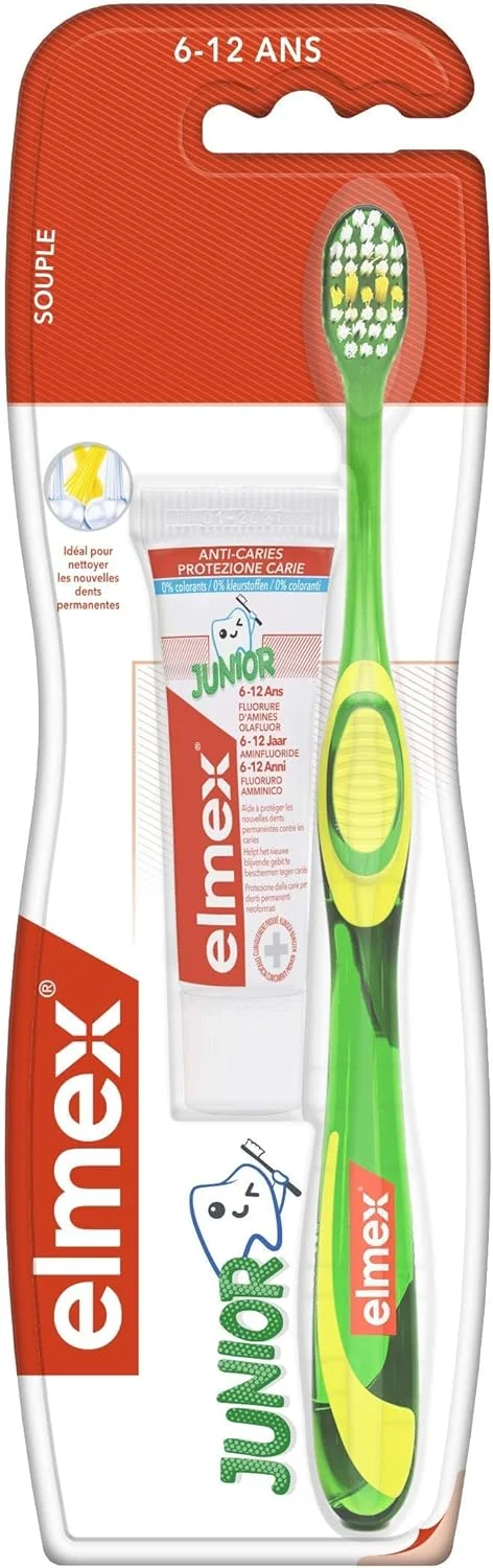 ELMEX - مسواک جونیور 6-12 سال (نرم) + خمیر دندان ELMEX برای کودکان (12 میلی لیتر) رنگ تصادفی