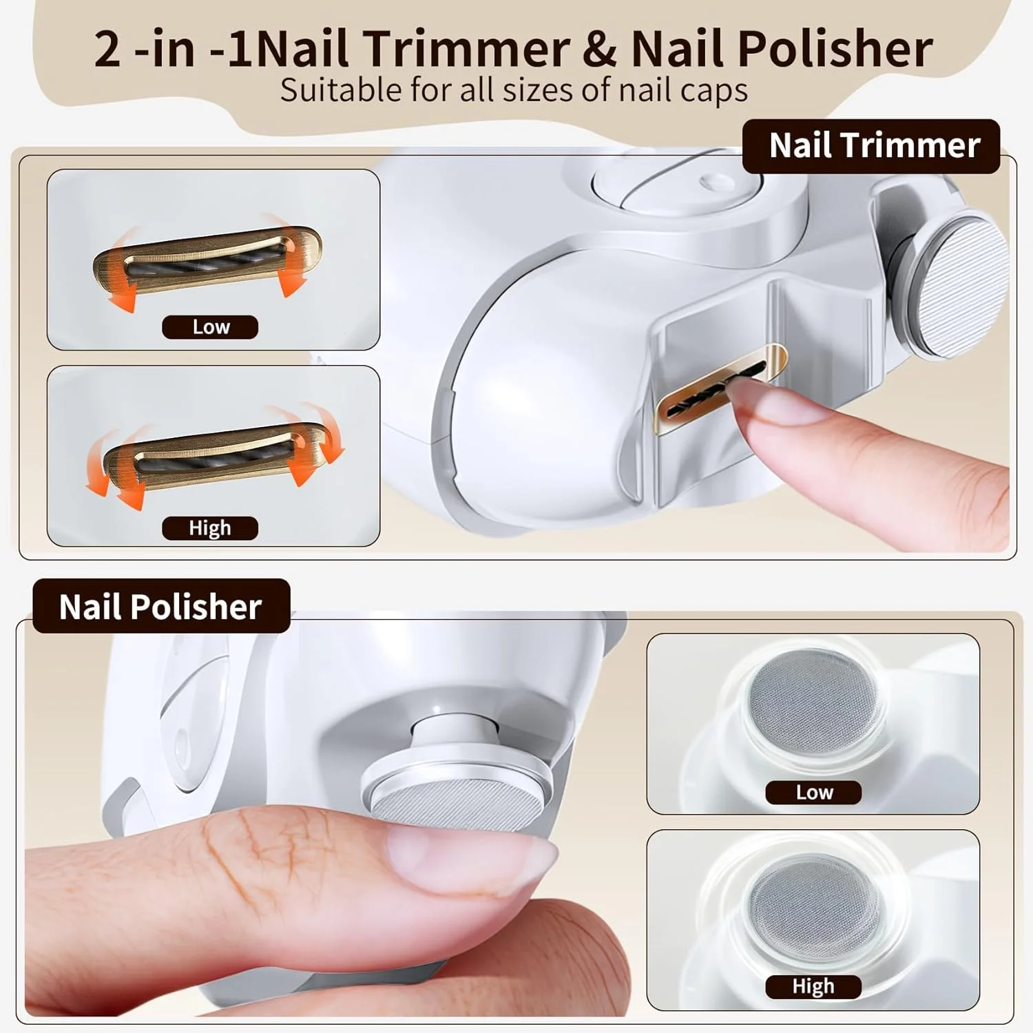 ناخن گیر برقی اتوماتیک tewiaii، شارژی USB به همراه سوهان ناخن، دستگاه اصلاح 2 در 1 برای مراقبت از ناخن - ست مانیکور 2 سرعته برای نوزادان، کودکان، سالمندان و مراقبان (سفید)