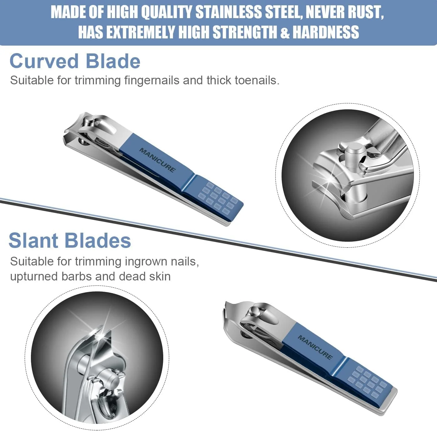ست مانیکور TERRIFI، ست پدیکور حرفه ای ناخن گیر، ابزار مراقبت از ناخن استیل ضد زنگ، ست پیرایش با کیف چرمی مسافرتی لوکس برای ناخن های ضخیم هدیه مردانه زنانه (16 تکه، آبی)