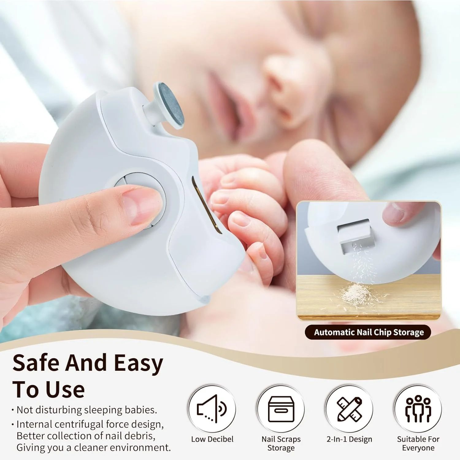 ناخن گیر برقی اتوماتیک tewiaii، شارژی USB به همراه سوهان ناخن، دستگاه اصلاح 2 در 1 برای مراقبت از ناخن - ست مانیکور 2 سرعته برای نوزادان، کودکان، سالمندان و مراقبان (سفید)