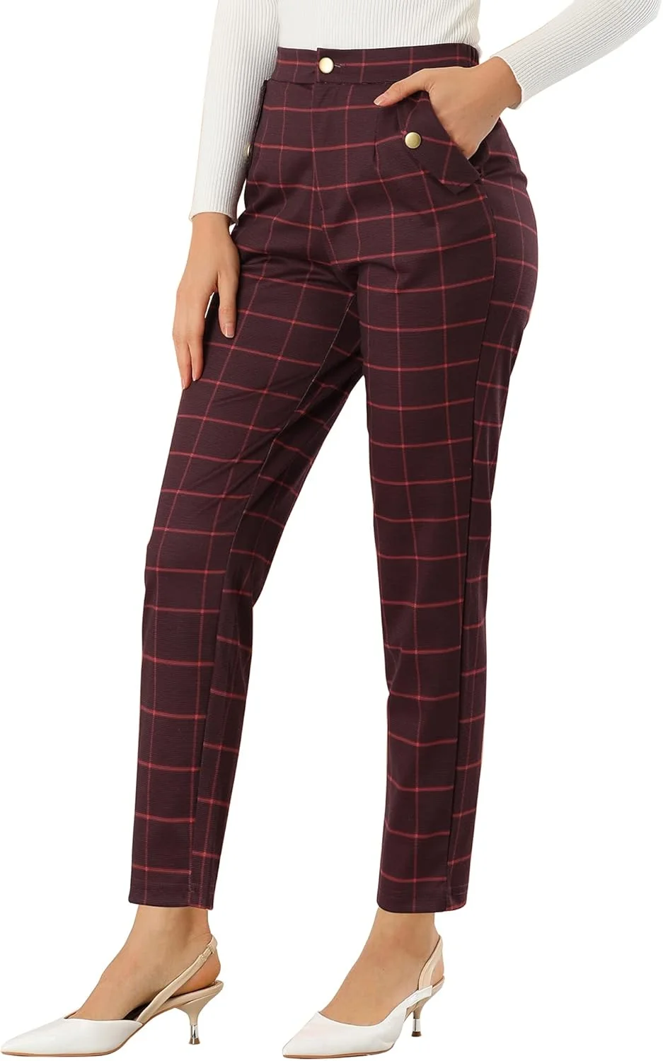 شلوار چهارخانه زنانه Allegra K، کمر کشی، مناسب کار، اداره، شلوار بلند شلوار چهارخانه زنانه Allegra K، کمر کشی، مناسب کار، اداره، شلوار بلند