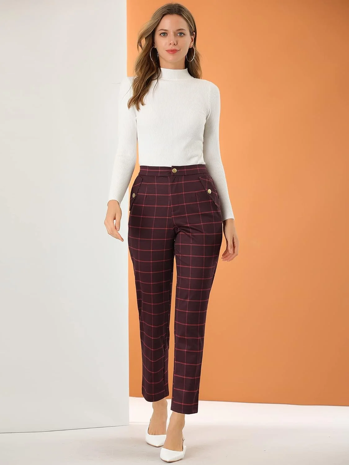 شلوار چهارخانه زنانه Allegra K، کمر کشی، مناسب کار، اداره، شلوار بلند