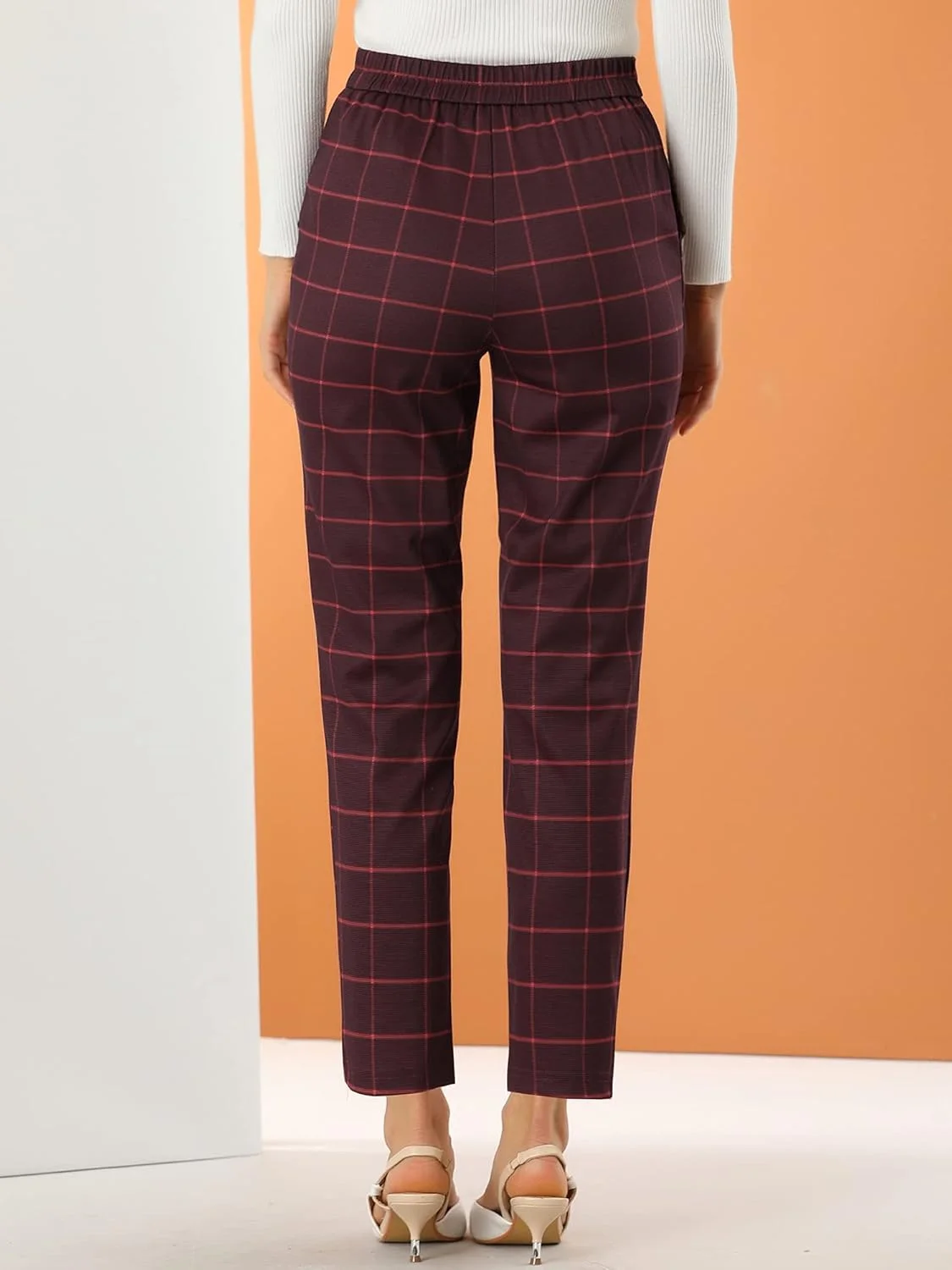 شلوار چهارخانه زنانه Allegra K، کمر کشی، مناسب کار، اداره، شلوار بلند