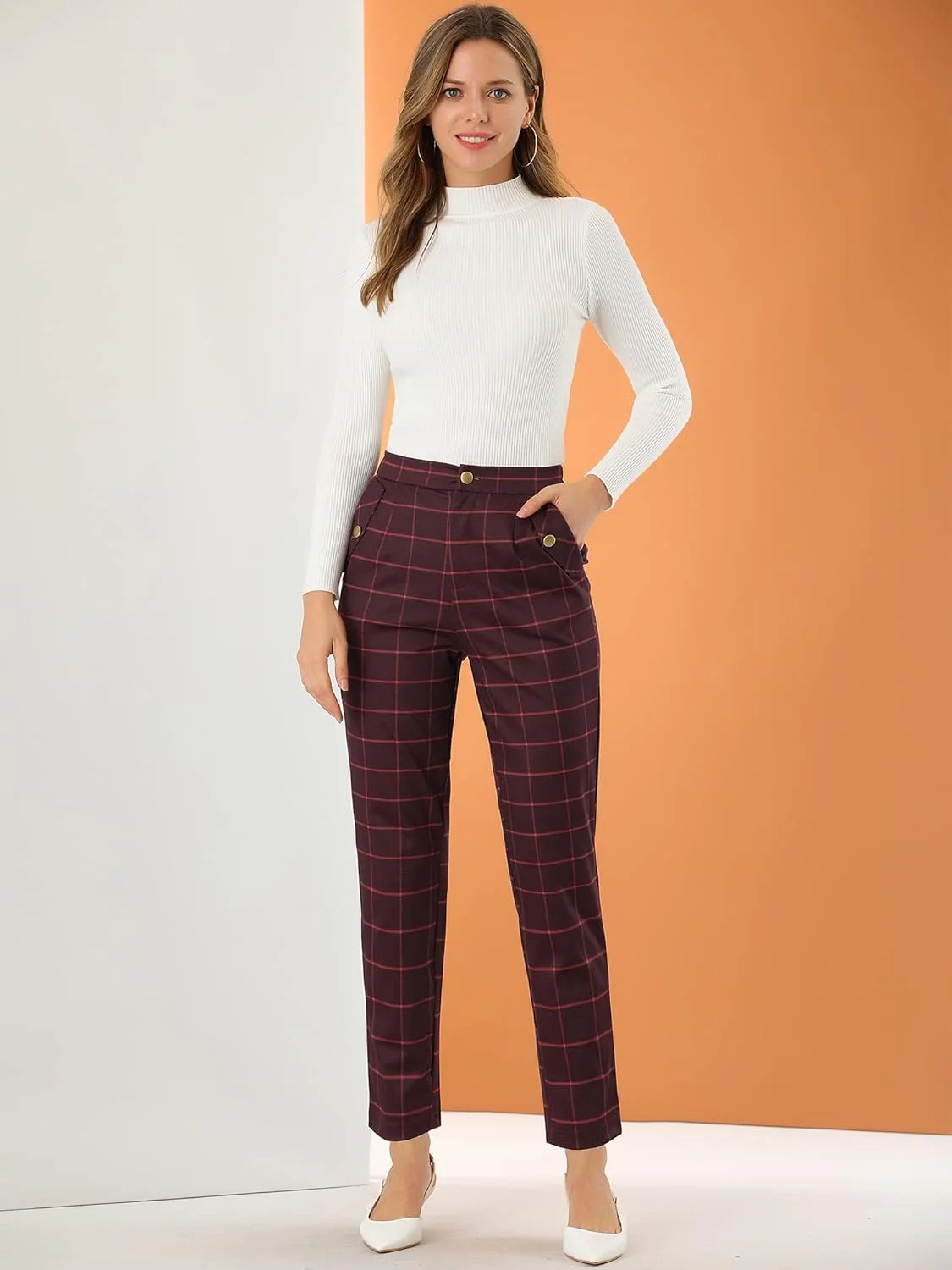 شلوار چهارخانه زنانه Allegra K، کمر کشی، مناسب کار، اداره، شلوار بلند