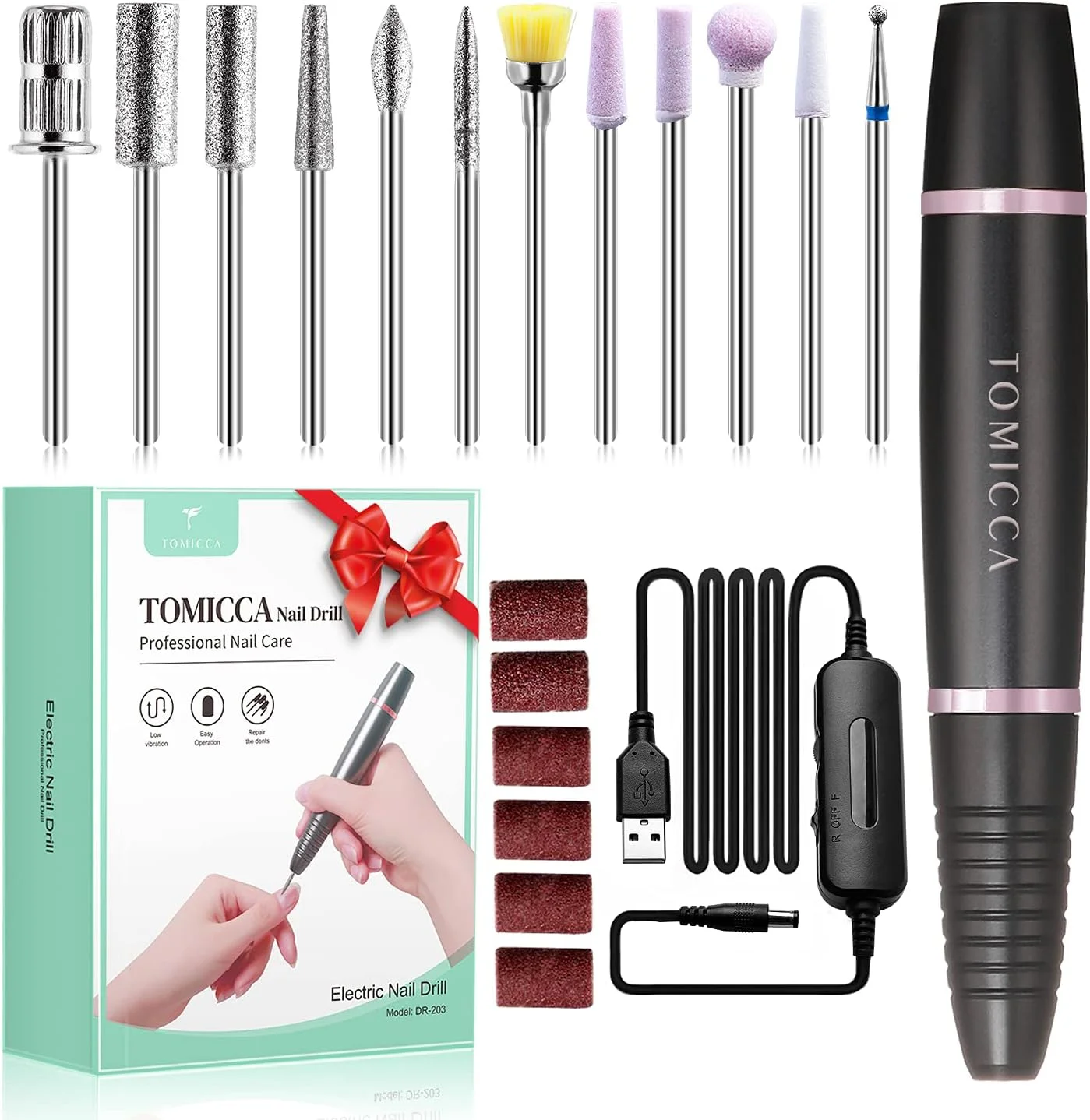 دستگاه سوهان برقی ناخن قابل حمل تومیکا، ست سوهان برقی ناخن 12 در 1، سوهان ناخن برقی حرفه ای 20000 دور در دقیقه، مناسب برای ناخن های اکریلیک، ناخن های ژلی، مانیکور، پدیکور، دستگاه پولیش برای استفاده در خانه و سالن