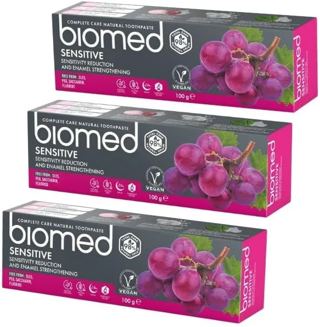خمیر دندان حساس بایومد 98% طبیعی | حساسیت و تقویت مینای دندان | عصاره دانه انگور قرمز، وگان، بدون SLES، 100 گرم، بسته 3 عددی