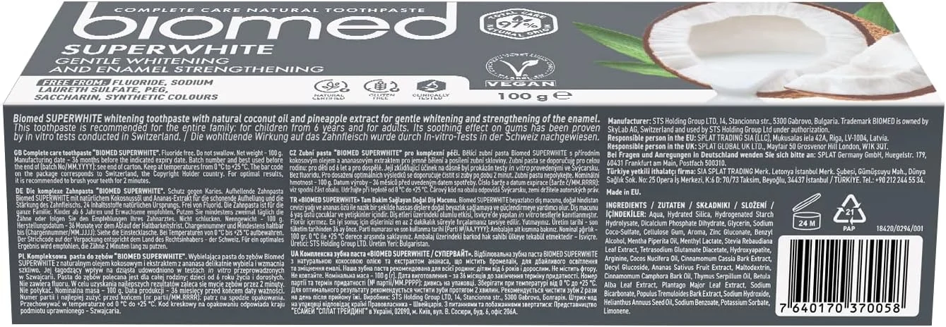 خمیر دندان سفید کننده ملایم نارگیل Biomed Superwhite 100 گرم