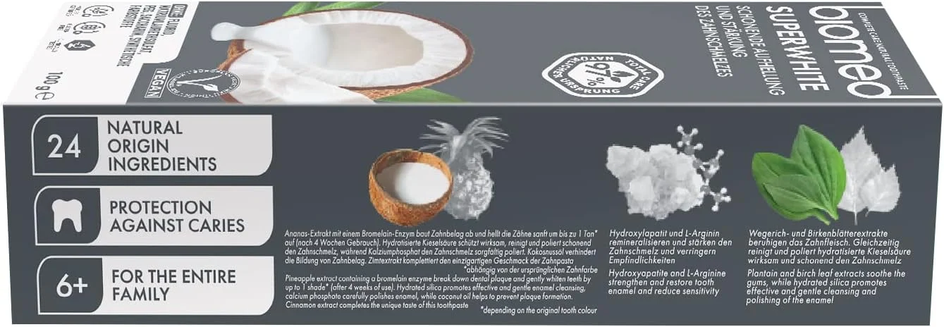 خمیر دندان سفید کننده نارگیل طبیعی بایومد سوپروایت برای سفید کردن ملایم، طعم استوایی - 100 گرم (بسته 3 عددی) - فرمول و طعم جدید (بسته بندی ممکن است متفاوت باشد)