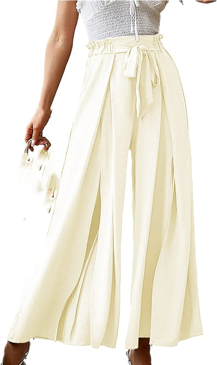 شلوار زنانه راسته و گشاد رنگ ثابت ANNA GARDEN، کمر بلند، گشاد و نازک، شلوار مد روز غیر رسمی (سفید، XL)