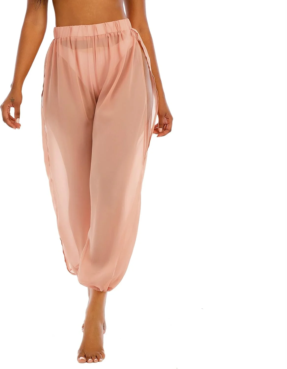 شلوار توری زنانه امریکن ترند، شلوار ساحلی توری، شلوار پوششی، شلوار حرمسرای چاک دار بلند، شلوار پالازو کمر بلند، چاک جانبی، رنگ بدن، سایز 2X-Large