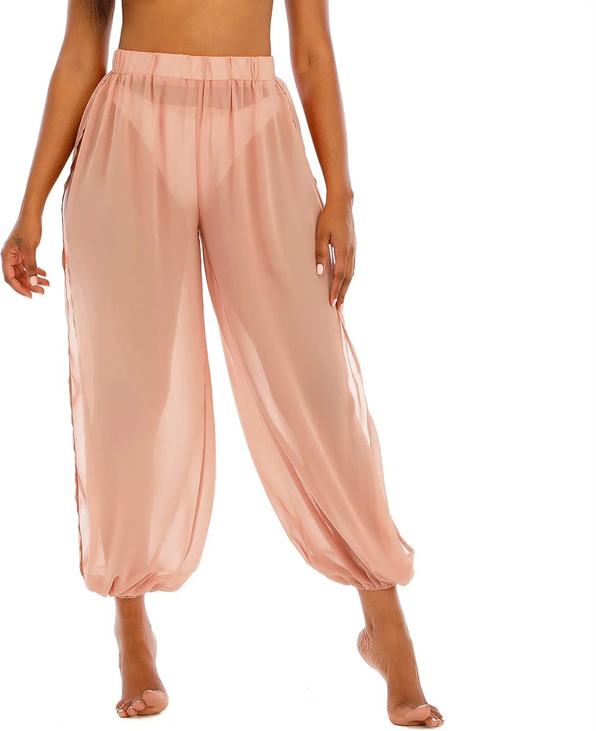 شلوار توری زنانه امریکن ترند، شلوار ساحلی توری، شلوار پوششی، شلوار حرمسرای چاک دار بلند، شلوار پالازو کمر بلند، چاک جانبی، رنگ بدن، سایز 2X-Large