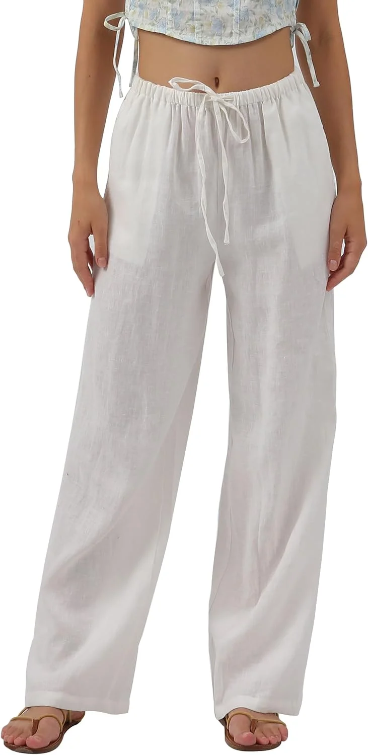 شلوار زنانه لینن خالص آماژیو، شلوار لینن گشاد و راحت زنانه تابستانی با پاچه های پهن و جیب شلوار زنانه لینن خالص آماژیو، شلوار لینن گشاد و راحت زنانه تابستانی با پاچه های پهن و جیب