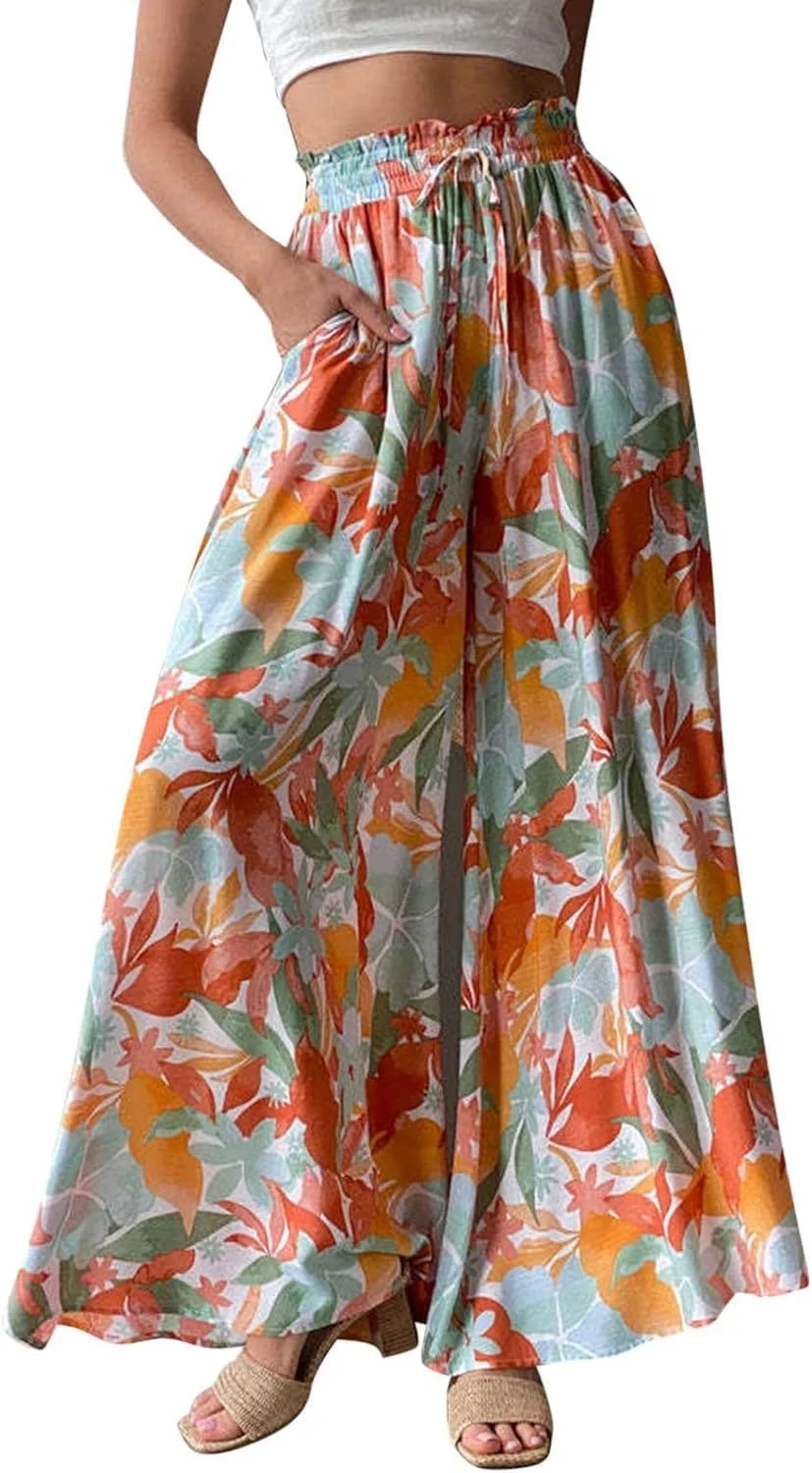 شلوار پالازو زنانه طرح گلدار Amaonz، شلوار گشاد کمر کشی و بند دار، سایز بزرگ، طرح بوهو