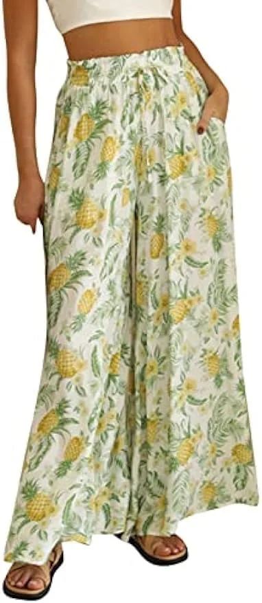 شلوار پالازو زنانه طرح گلدار Amaonz، شلوار گشاد کمر کشی و بند دار، سایز بزرگ، طرح بوهو