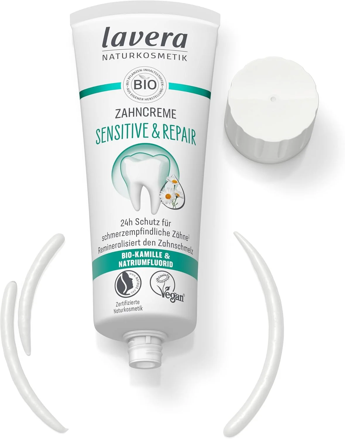 خمیر دندان حساس و ترمیم کننده لاورا - برای دندان های حساس - محافظت 24 ساعته - بابونه ارگانیک و سدیم فلوراید - وگان - لوازم آرایشی طبیعی - 75 میلی لیتر