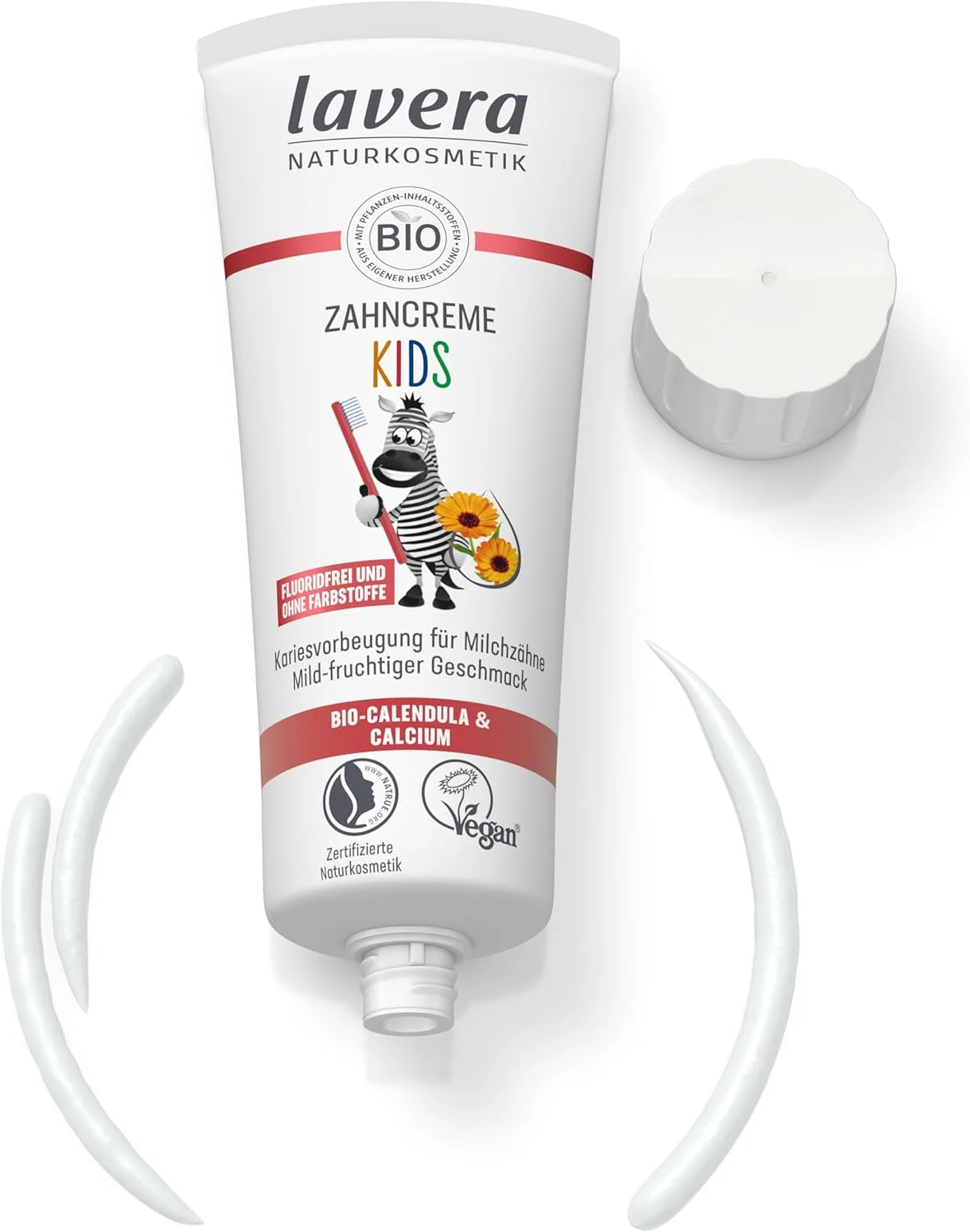 خمیر دندان کودک لاورا بدون فلوراید - بدون رنگ - محافظت از دندان های شیری - طعم ملایم میوه ای - کالاندولا و کلسیم ارگانیک - وگان - 75 میلی لیتر