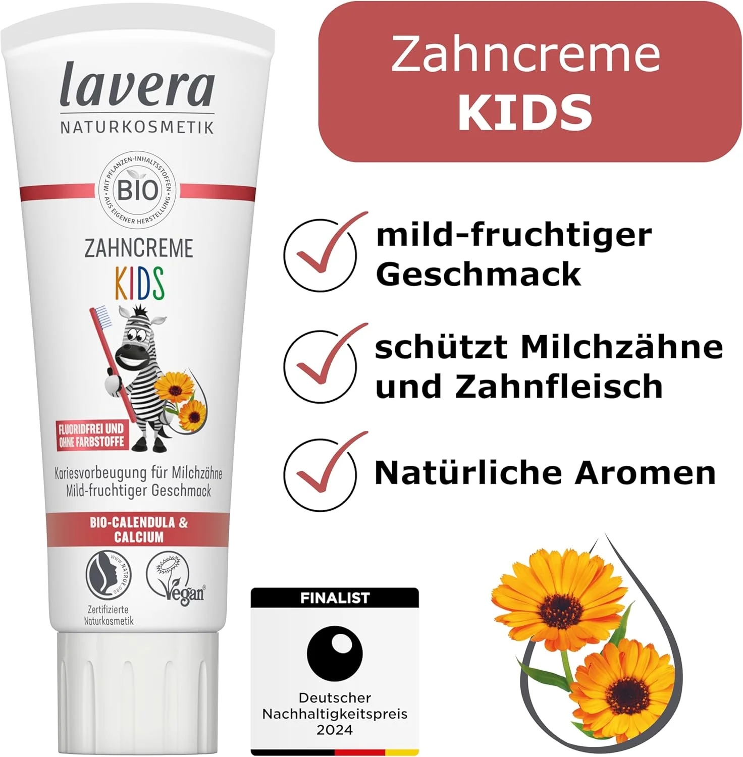 خمیر دندان کودک لاورا بدون فلوراید - بدون رنگ - محافظت از دندان های شیری - طعم ملایم میوه ای - کالاندولا و کلسیم ارگانیک - وگان - 75 میلی لیتر