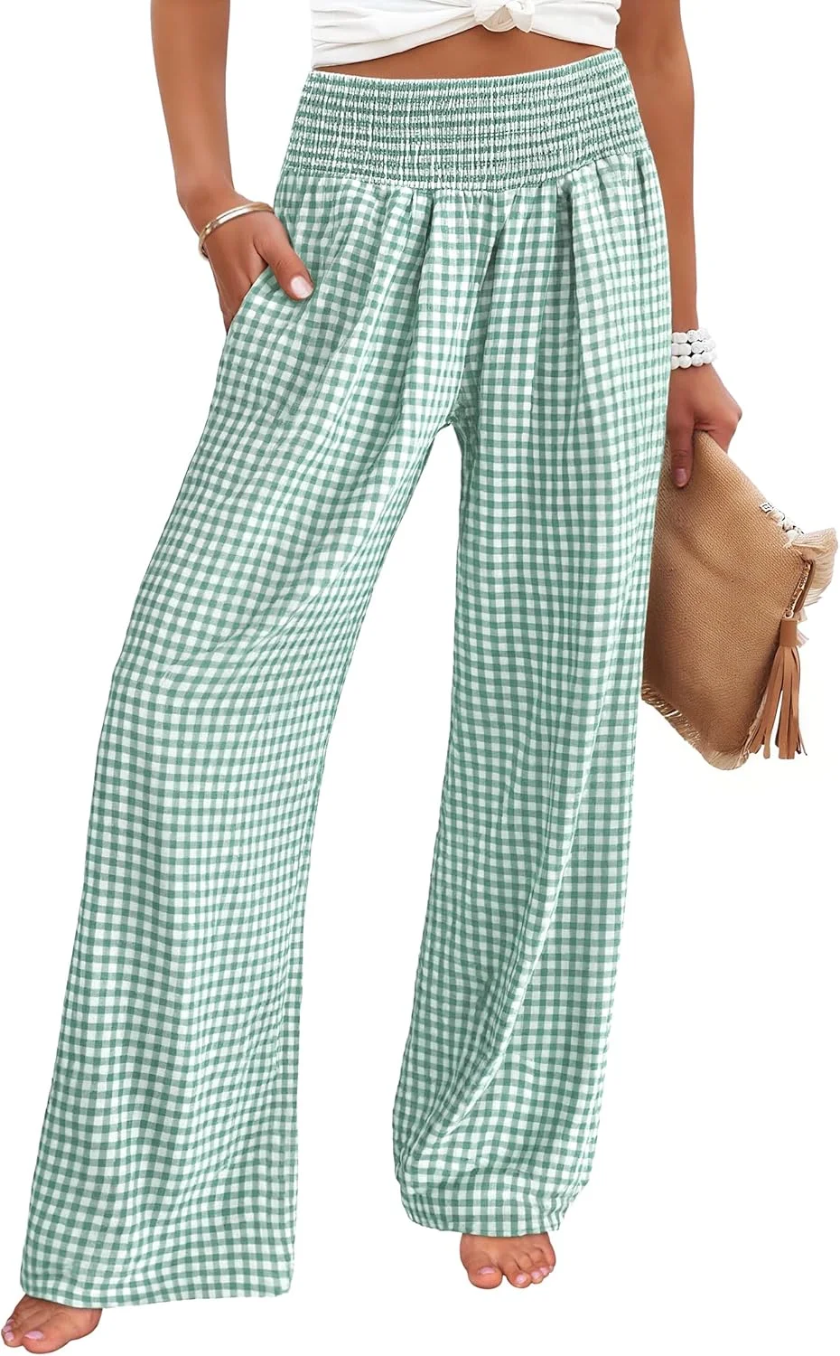 ANRABESS شلوار پالازو زنانه راه راه گینگام، پاچه گشاد، کمر بلند، مناسب استراحت و پیژامه، شلوار راحتی زیبا با جیب ANRABESS شلوار پالازو زنانه راه راه گینگام، پاچه گشاد، کمر بلند، مناسب استراحت و پیژامه، شلوار راحتی زیبا با جیب