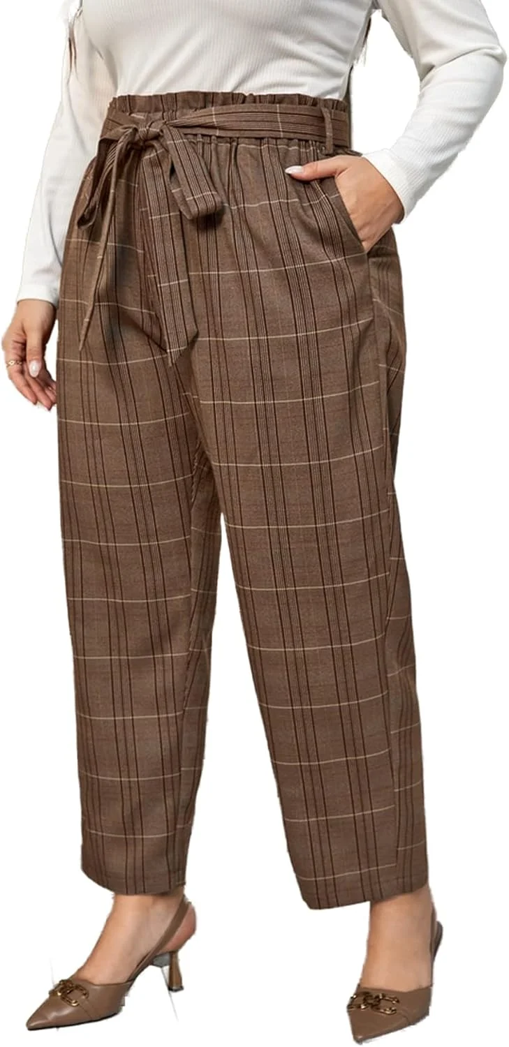 کت و شلوار زنانه AOCATE، شلوار راسته چهارخانه کمربند دار (رنگ: چند رنگ، سایز: 1XL)