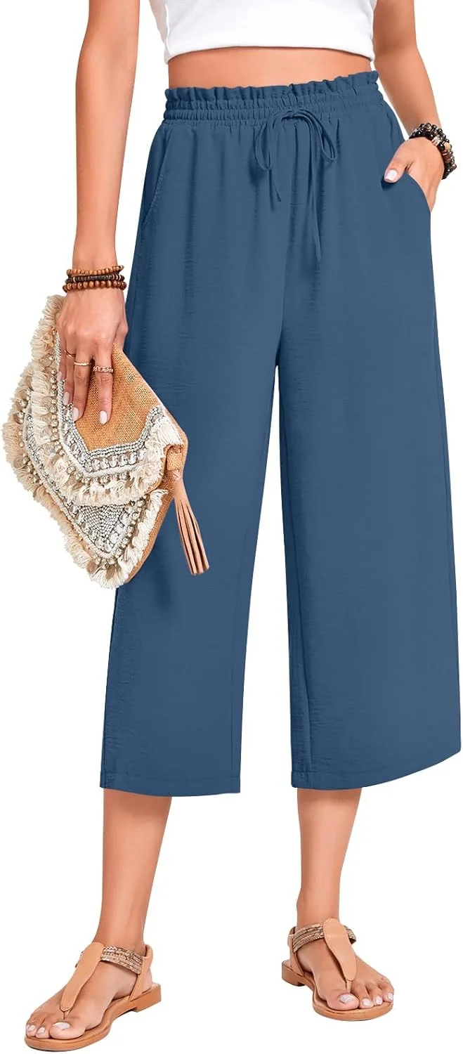 شلوار کاپری زنانه Anyhold با کمر بلند و پاچه گشاد، دارای بند قابل تنظیم و جیب، مناسب برای ساحل و تابستان شلوار کاپری زنانه Anyhold با کمر بلند و پاچه گشاد، دارای بند قابل تنظیم و جیب، مناسب برای ساحل و تابستان