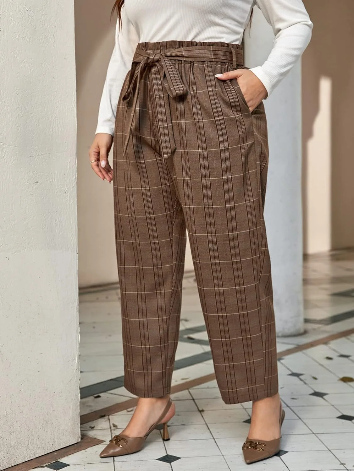 کت و شلوار زنانه AOCATE، شلوار راسته چهارخانه کمربند دار (رنگ: چند رنگ، سایز: 1XL) کت و شلوار زنانه AOCATE، شلوار راسته چهارخانه کمربند دار (رنگ: چند رنگ، سایز: 1XL)