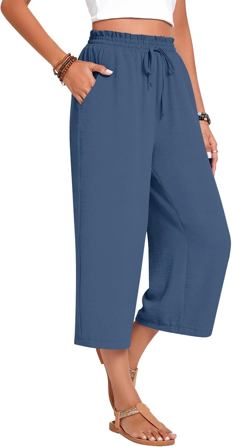 شلوار کاپری زنانه Anyhold با کمر بلند و پاچه گشاد، دارای بند قابل تنظیم و جیب، مناسب برای ساحل و تابستان شلوار کاپری زنانه Anyhold با کمر بلند و پاچه گشاد، دارای بند قابل تنظیم و جیب، مناسب برای ساحل و تابستان