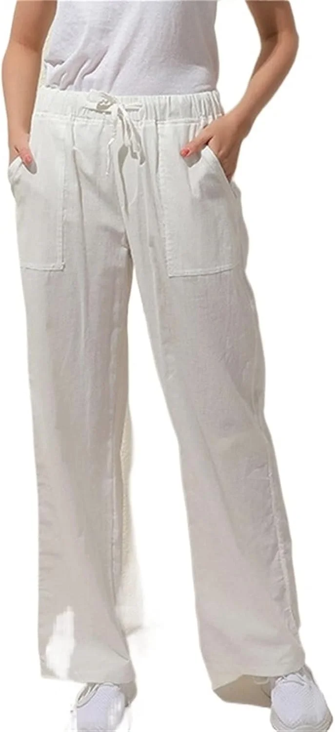 شلوار زنانه BEABAG، شلوار گشاد و سایز بزرگ تابستانی، شلوار کتان نخی یکپارچه زنانه، شلوار کمر کشی غیر رسمی (رنگ: سفید، سایز: S)