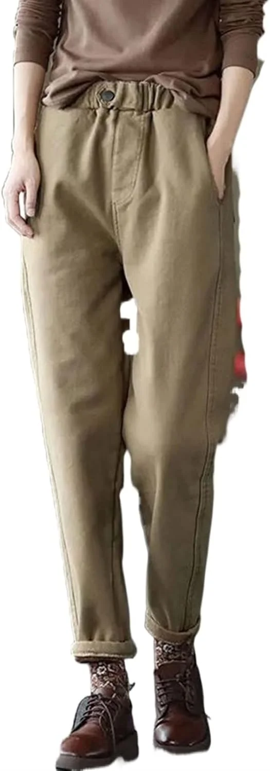 شلوار زنانه BEABAG، شلوار مخملی مچ پا با کمر بلند زنانه، شلوار هارون گرم و ضخیم زمستانی، شلوار نخی گشاد (رنگ: قهوه ای، سایز: 4XL 80-90 کیلوگرم)