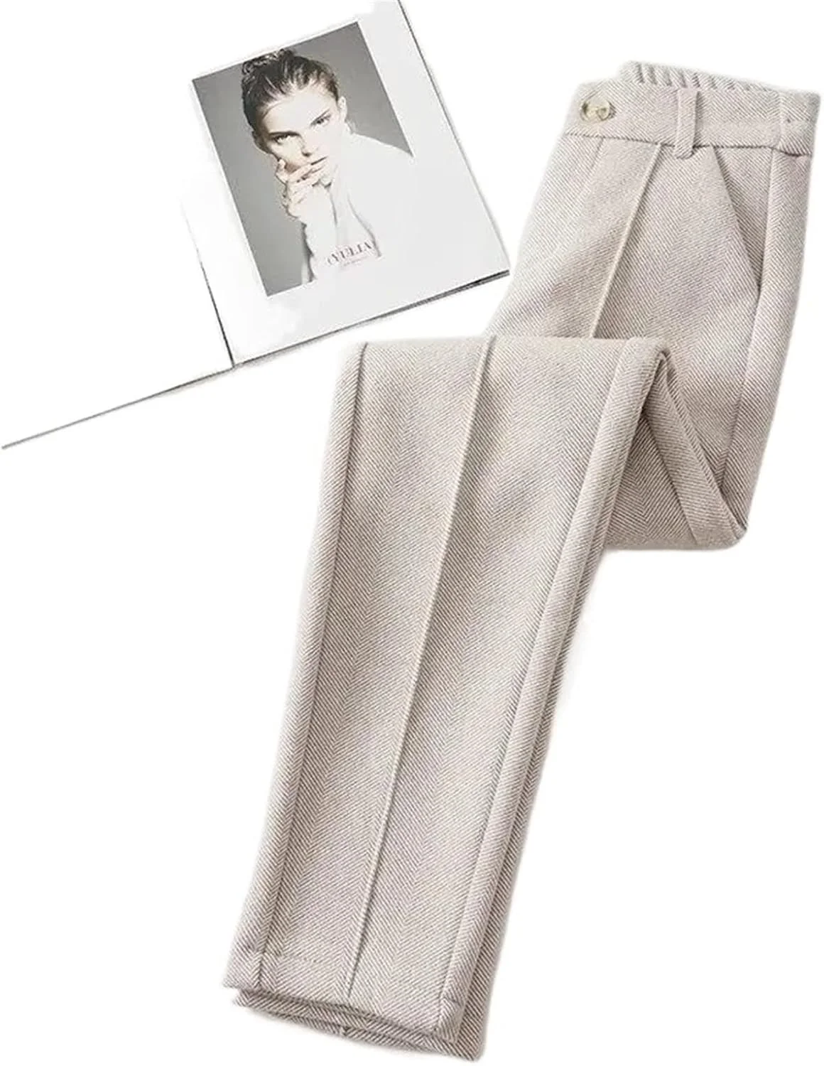 شلوار زنانه BEABAG، شلوار پشمی زنانه، رنگ ثابت، کمر بلند، ضخیم، شلوار راحتی و گرم مدل هارم (رنگ: سفید، سایز: XXL)