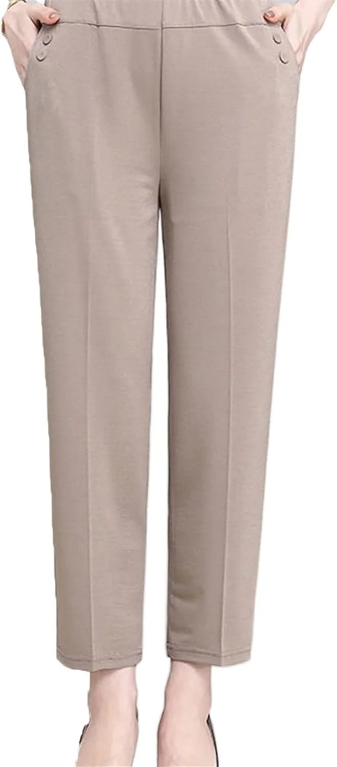 شلوار زنانه BEABAG، شلوار زنانه بهاره و پاییزه، شلوار راسته غیر رسمی، کمر کشی گشاد و فاق بلند زنانه (رنگ: بژ، سایز: M-مناسب 35-45 کیلوگرم)