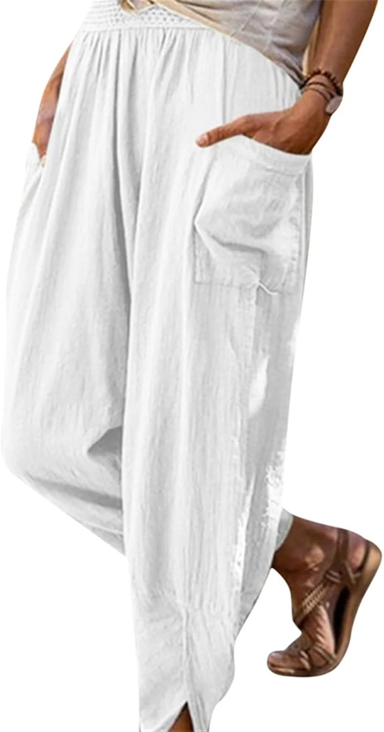 شلوار زنانه BEABAG، شلوار بهاره و تابستانه زنانه، شلوار جیب دار رنگ ثابت، شلوار گشاد غیر رسمی، شلوار مدادی ساحلی آزاد (رنگ: سفید)