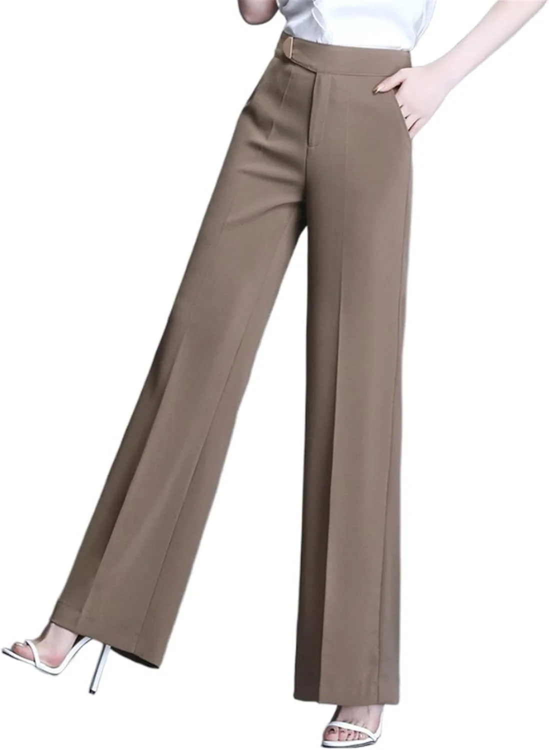 شلوار زنانه BEABAG، شلوار گشاد زنانه، لباس اداری بهاره و تابستانی، شلوار راسته سبز، شلوار زنانه کمر بلند رترو (رنگ: خاکی، سایز: 3XL(31))
