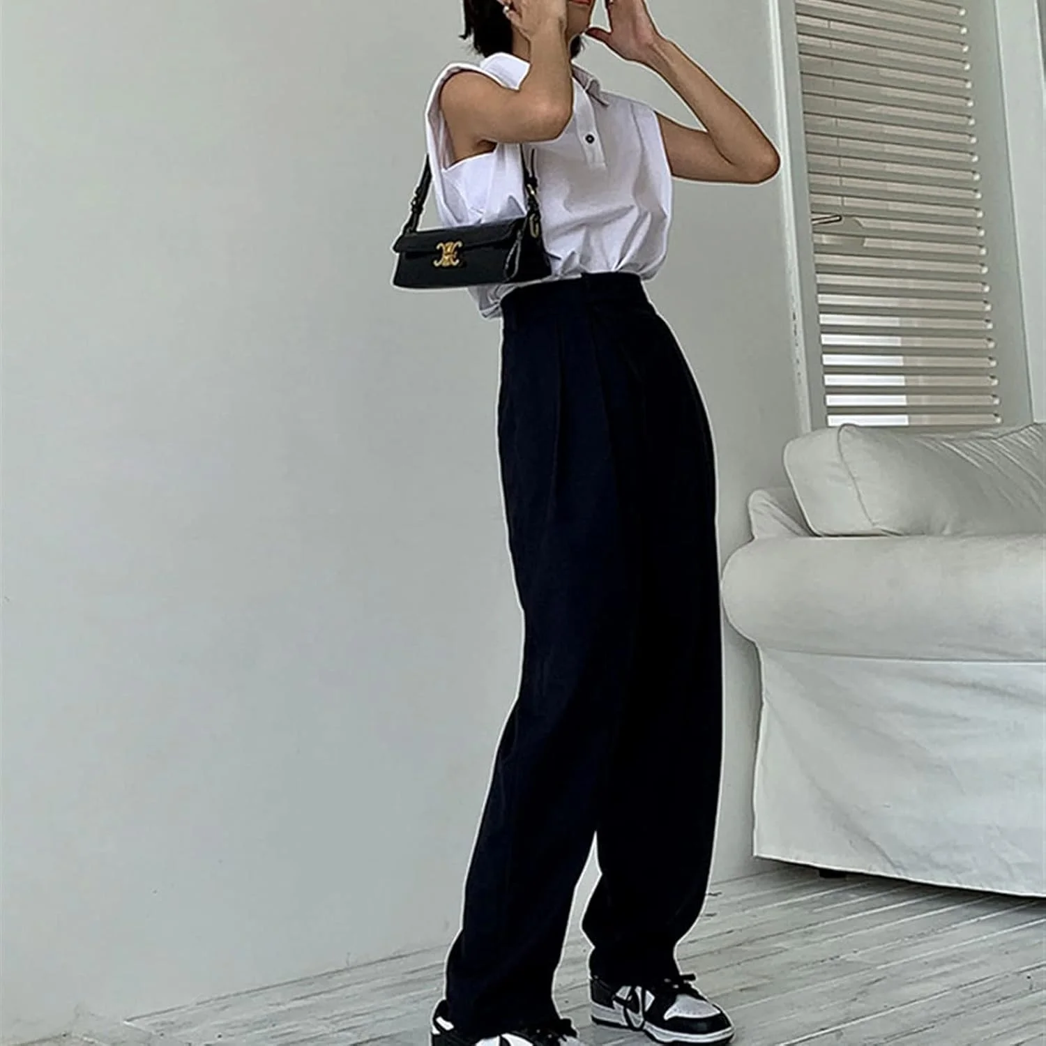 شلوار زنانه BEABAG، شلوار گشاد زنانه، شلوار کلاسیک آزاد، شلوار به سبک کاخ قدیمی، شلوار اداری شیک و غیررسمی، شلوار کار زنانه کمر بلند (رنگ: Hortel، سایز: S)