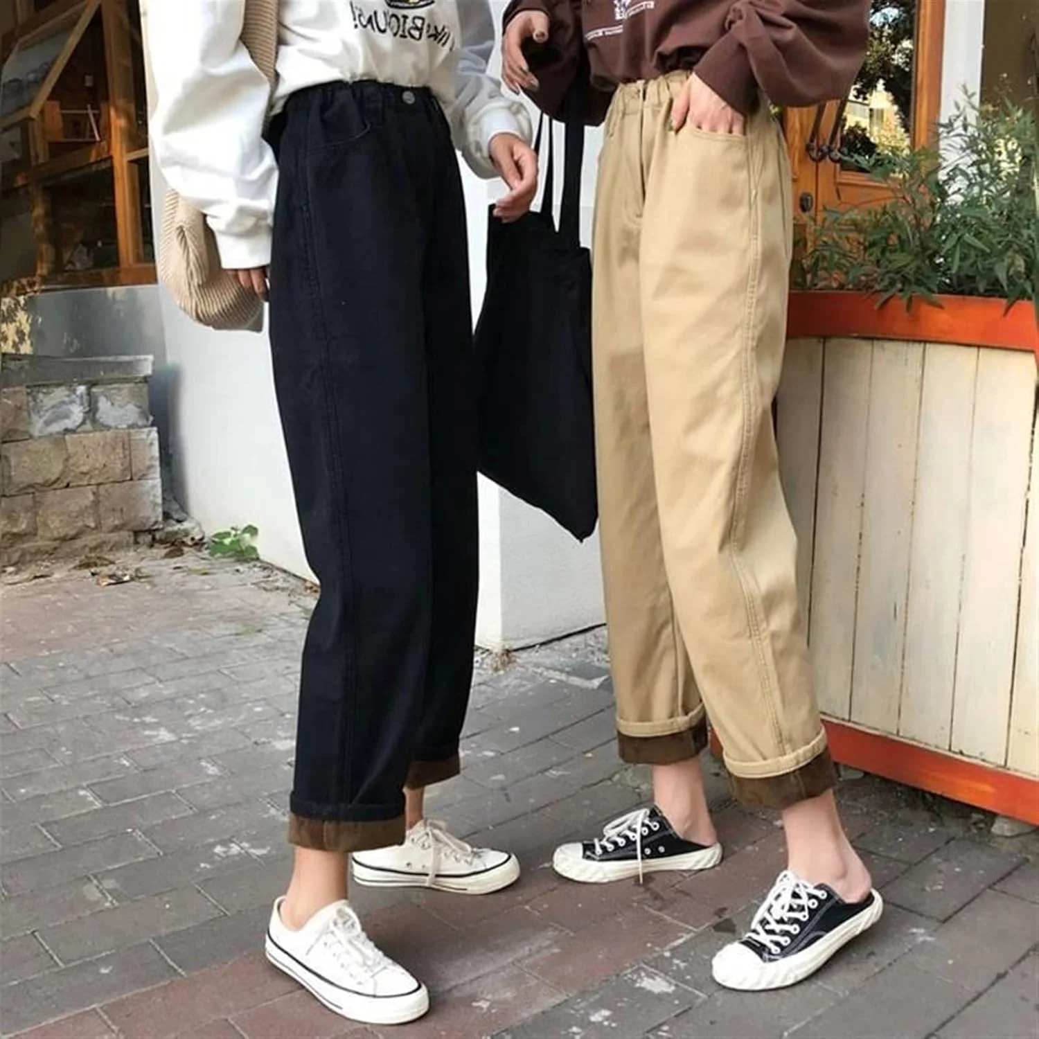 شلوار زنانه BEABAG، شلوار زنانه خاکی، گرم و ضخیم، کمر بلند، راحت، پاییزه، سبک ساده رترو، لوله ای راسته زنانه (رنگ: Hortel، سایز: L)