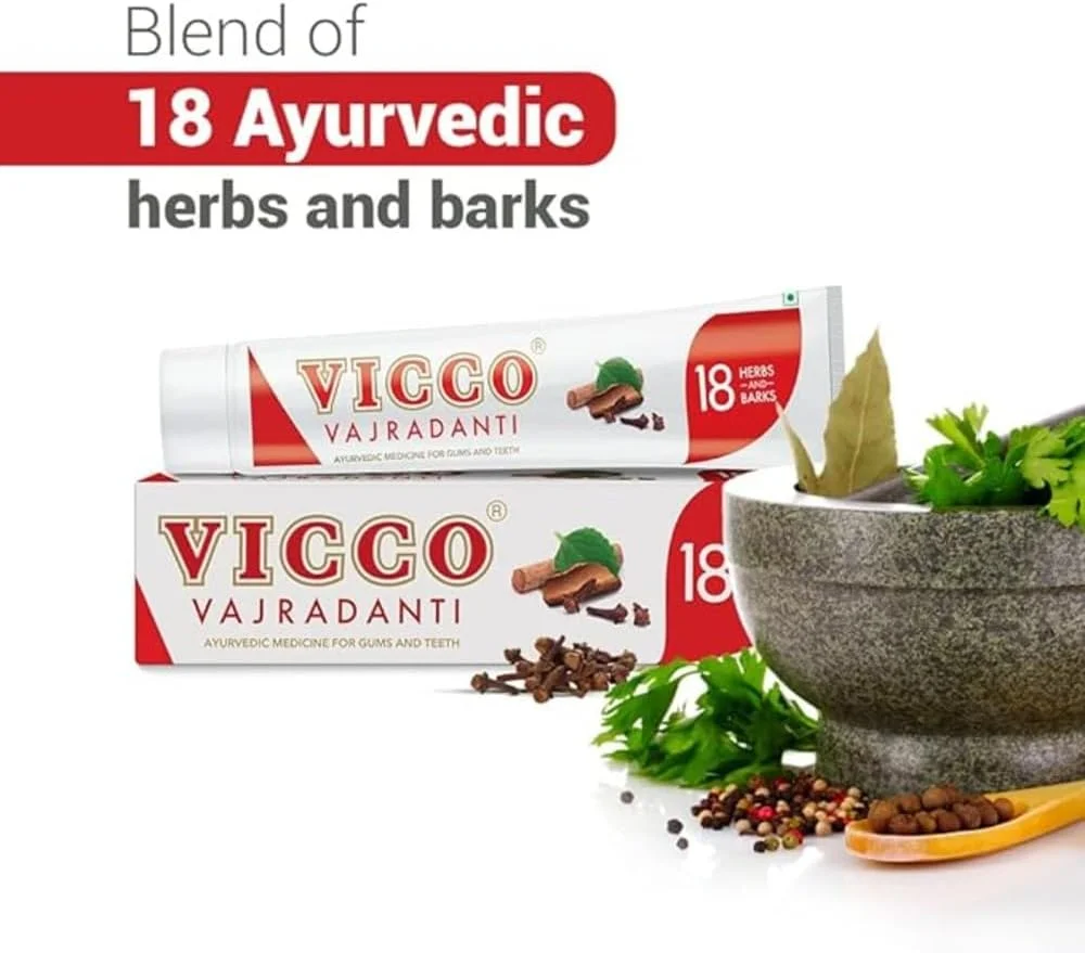 خمیر دندان آیورودیک ویکو واجرادانتی برای لثه های سالم و قوی با خواص 18 گیاه و پوست درخت ضروری | تقویت کننده لثه، کاهش دهنده تورم و از بین برنده بوی بد دهان [200 گرم | بسته 2 عددی]