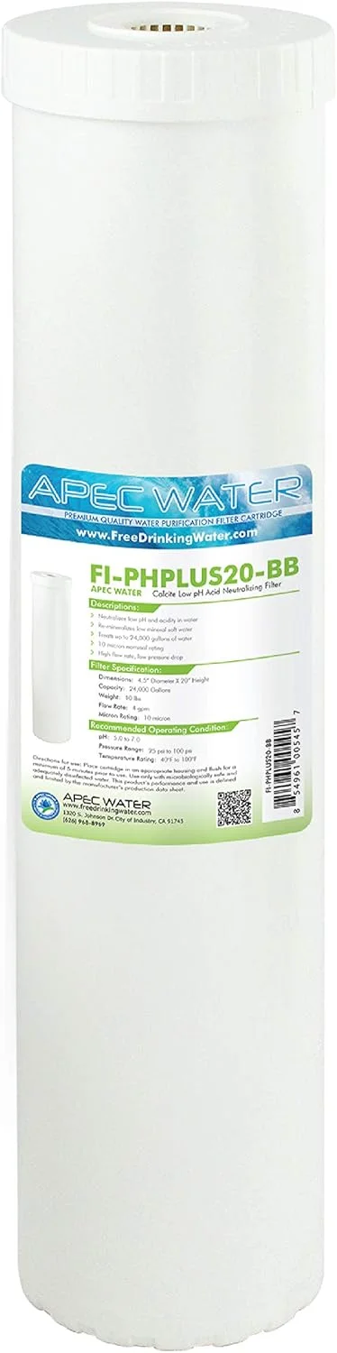 APEC Water Systems FI-PHPLUS20-BB کارتریج معدنی کلسیم قلیایی افزایش دهنده PH کل خانه APEC - سایز 20 اینچ طول در 4-1/2 اینچ قطر، فیلتر بیگ بلو 10 میکرون (ظرفیت 90000 لیتر) APEC Water Systems FI-PHPLUS20-BB کارتریج معدنی کلسیم قلیایی افزایش دهنده PH کل خانه APEC - سایز 20 اینچ طول در 4-1/2 اینچ قطر، فیلتر بیگ بلو 10 میکرون (ظرفیت 90000 لیتر)