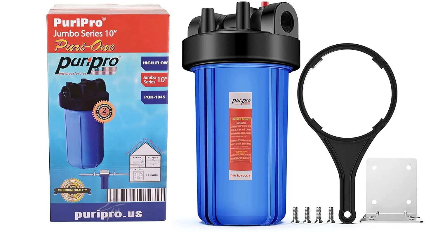 سیستم فیلتراسیون آب کل خانه پوری پرو جامبو با محفظه بزرگ آبی، ورودی/خروجی 1 اینچی به همراه آچار و فیلترهای رسوب 4.5 اینچ در 10 اینچ سیستم فیلتراسیون آب کل خانه پوری پرو جامبو با محفظه بزرگ آبی، ورودی/خروجی 1 اینچی به همراه آچار و فیلترهای رسوب 4.5 اینچ در 10 اینچ